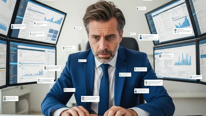 Profesional gestionando varios expedientes digitales en pantallas, representando el control de notificaciones electrónicas en un despacho.