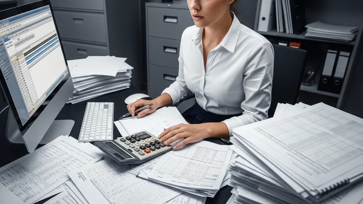 Administradora trabajando entre documentos y ordenadores, representando la necesidad de digitalizar la gestión de fincas.