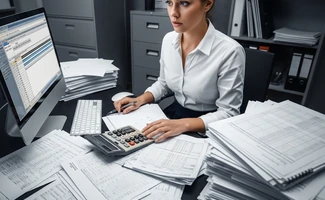 Administradora trabajando entre documentos y ordenadores, representando la necesidad de digitalizar la gestión de fincas.