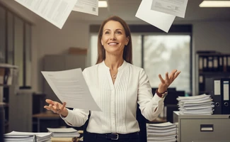 Profesional desbordada por documentos en una oficina, representando la gestión y homologación de proveedores en comunidades.