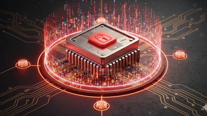 Chip digital rodeado de circuitos de seguridad, simbolizando una cámara acorazada tecnológica para certificados digitales.